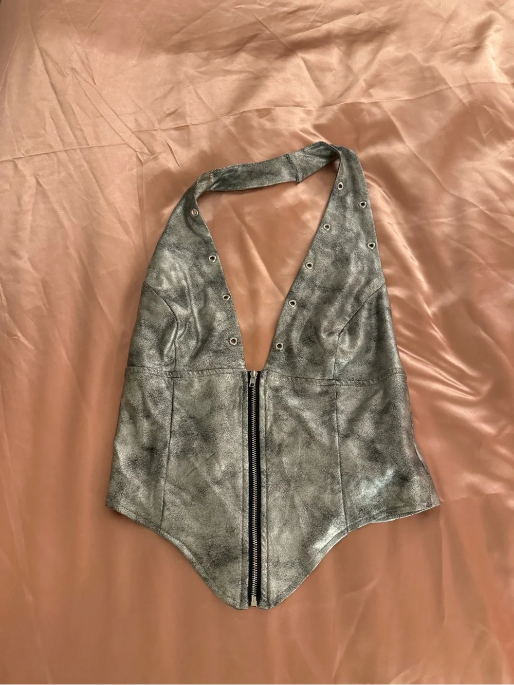SHEIN Metallic Silver Halter Zip-Front One-Piece